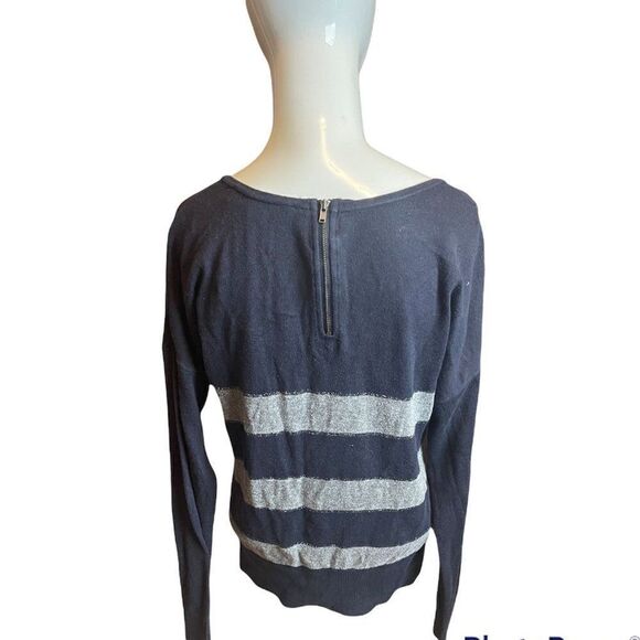 LOFT Sweater w Stripes Long Sleeves Sz M Round Neck Blue & Silver Zipper on Back - Picture 2 of 8